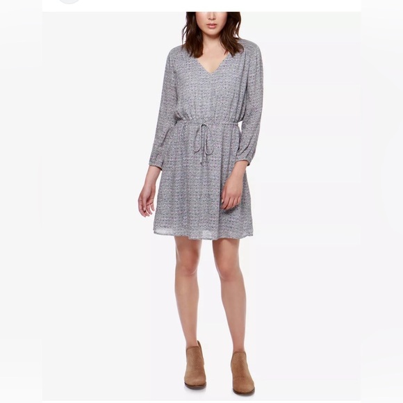 Lucky Brand Chiffon Drawstring Waist Dress Purple Gray V Neck M Pleated Shoulder - Picture 1 of 9